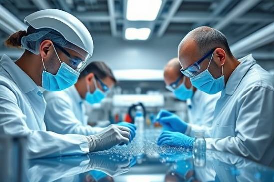 advanced innovations polish, determined focus, enhancing surfaces, photorealistic, modern laboratory environment with scientists, highly detailed, gleaming particles, precision instruments, silver and blue, bright overhead, shot with an 85mm lens.