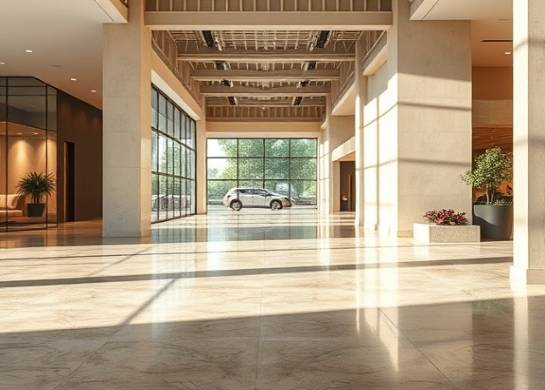 refined concrete flooring, serene satisfaction, smooth and even surface, photorealistic, interior of an elegant showroom, highly detailed, polished reflections, thriving in urban setting, warm beige and grey, natural daylight, shot with a 35mm lens.