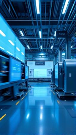 creative polishing process, committed dedication, achieving brilliance, photorealistic, high-tech engineering space with digital screens, highly detailed, vibrant motion, precision-driven environment, high contrast vinyl blue, LED illumination, shot with a telephoto lens.