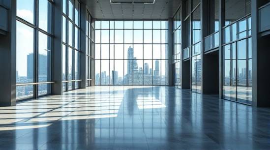 cutting-edge concrete flooring, masterful expertise, creating seamless finishes, photorealistic, skyscraper lobby with open vistas, highly detailed, glass reflections, urban metropolis buzz, cool grey and steel, high noon light, shot with a tilt-shift lens.