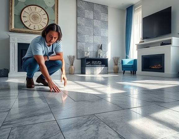 expert flooring specialist, proudly admiring a finished tile pattern, carefully aligning each piece, photorealistic, contemporary living room setting with a fireplace, highly detailed, reflections on polished tiles, Canon 50mm prime lens, cool greys and cerulean blues, natural sunlight pouring in, shot with a mirrorless camera
