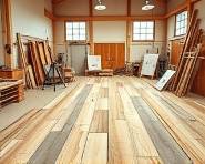 innovative flooring design, thoughtfully creating a unique pattern, meticulously placing wooden planks, photorealistic, open workshop with various tools and blueprints, highly detailed, sawdust in the air, 35mm lens, warm oak and crisp whites, bright overhead lighting, shot with a high-resolution digital camera