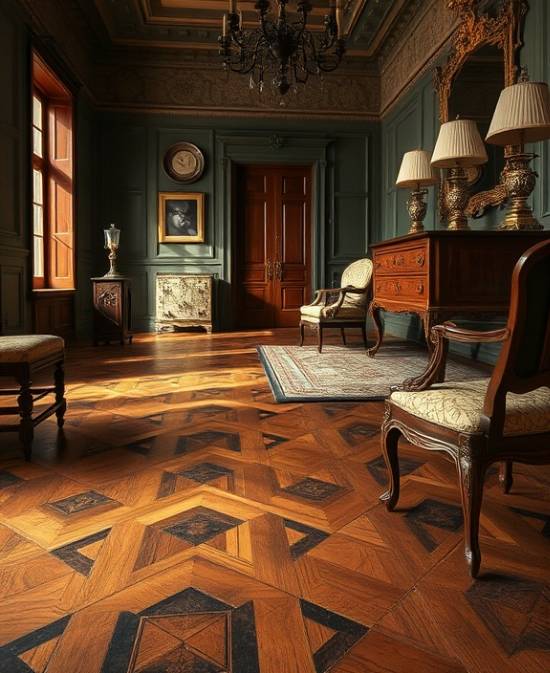 vintage flooring artistry, meticulously restoring antique parquet flooring, carefully sanding aged wood, photorealistic, historical mansion with antique furniture, highly detailed, fine wood dust specks in the light, tilt-shift lens, deep walnut and olive greens, warm mood lighting, shot with a medium format camera